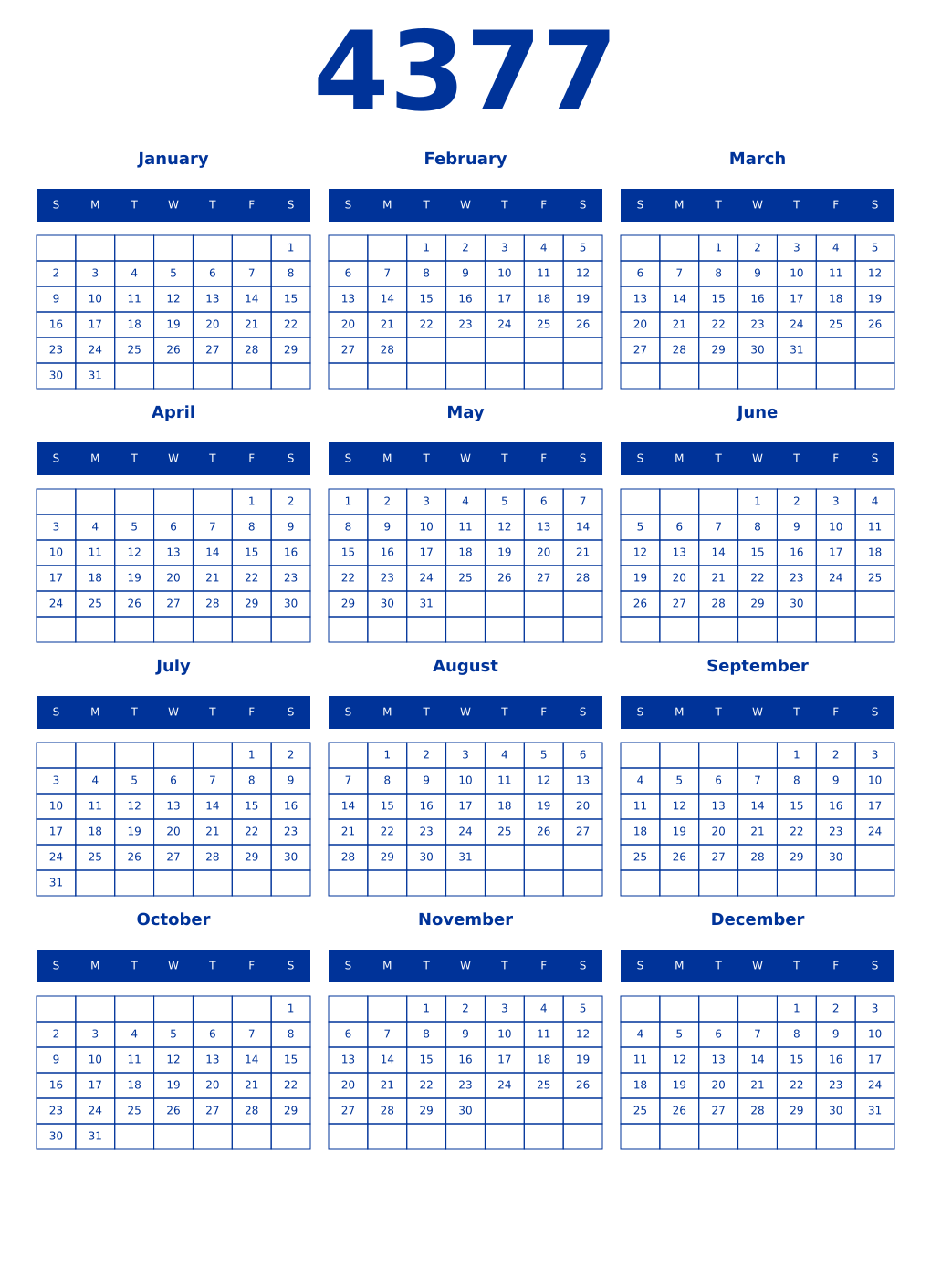 Printable 4377 Year Calendars smalt