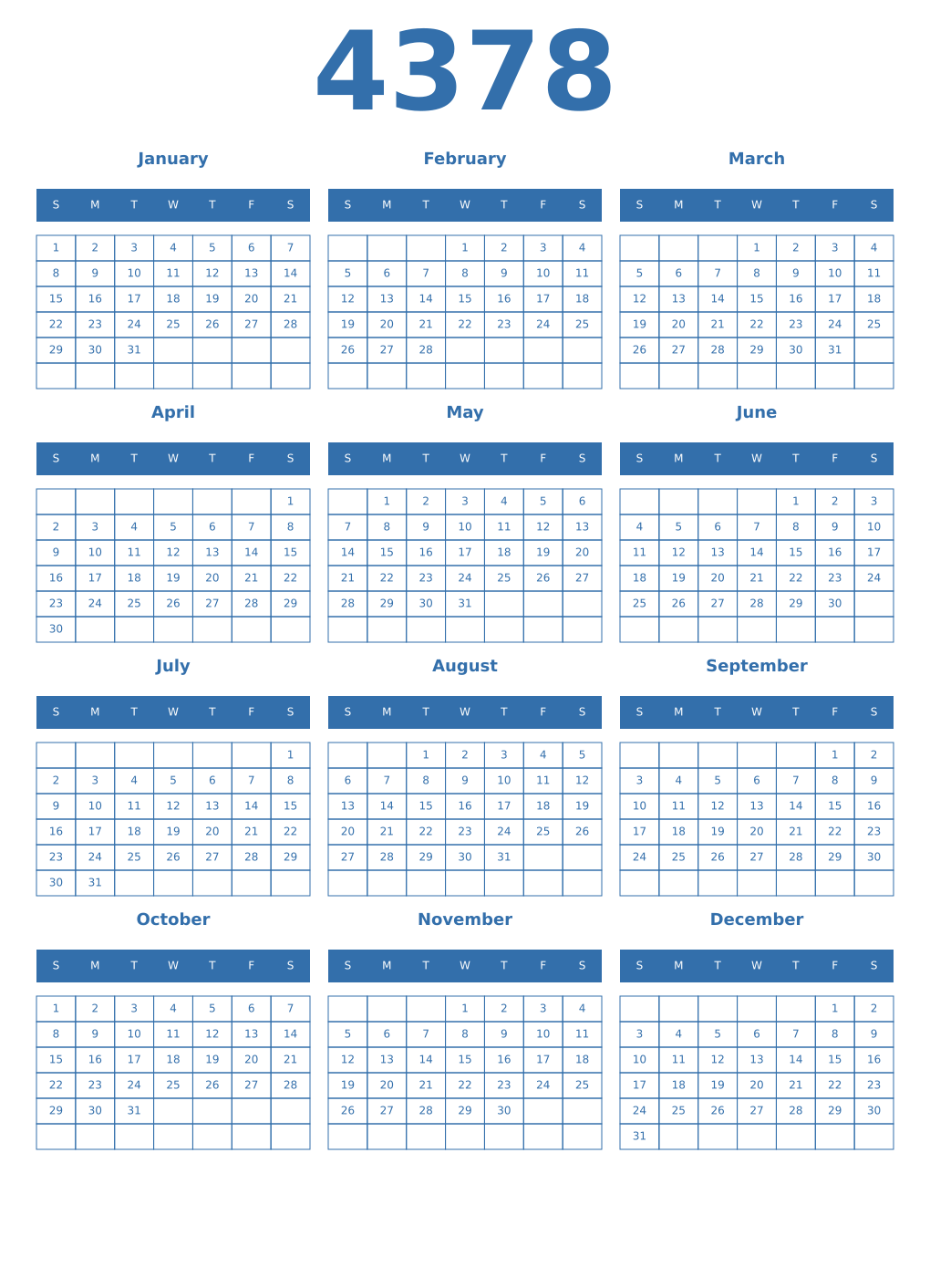Printable 4378 Year Calendars blue