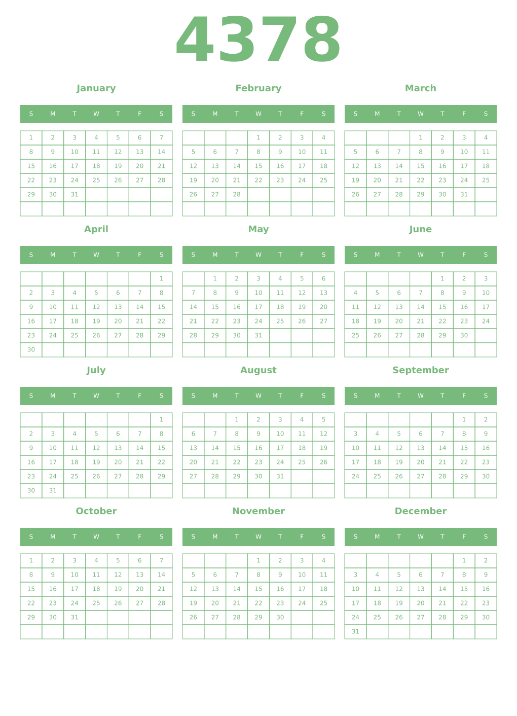 Printable 4378 Year Calendars celadon