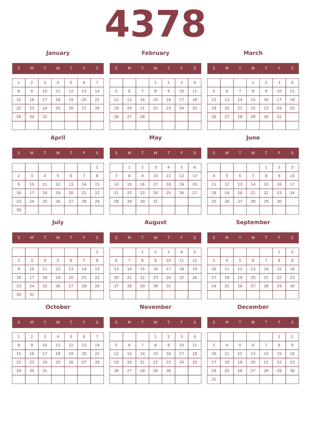 Printable 4378 Year Calendars cordovan