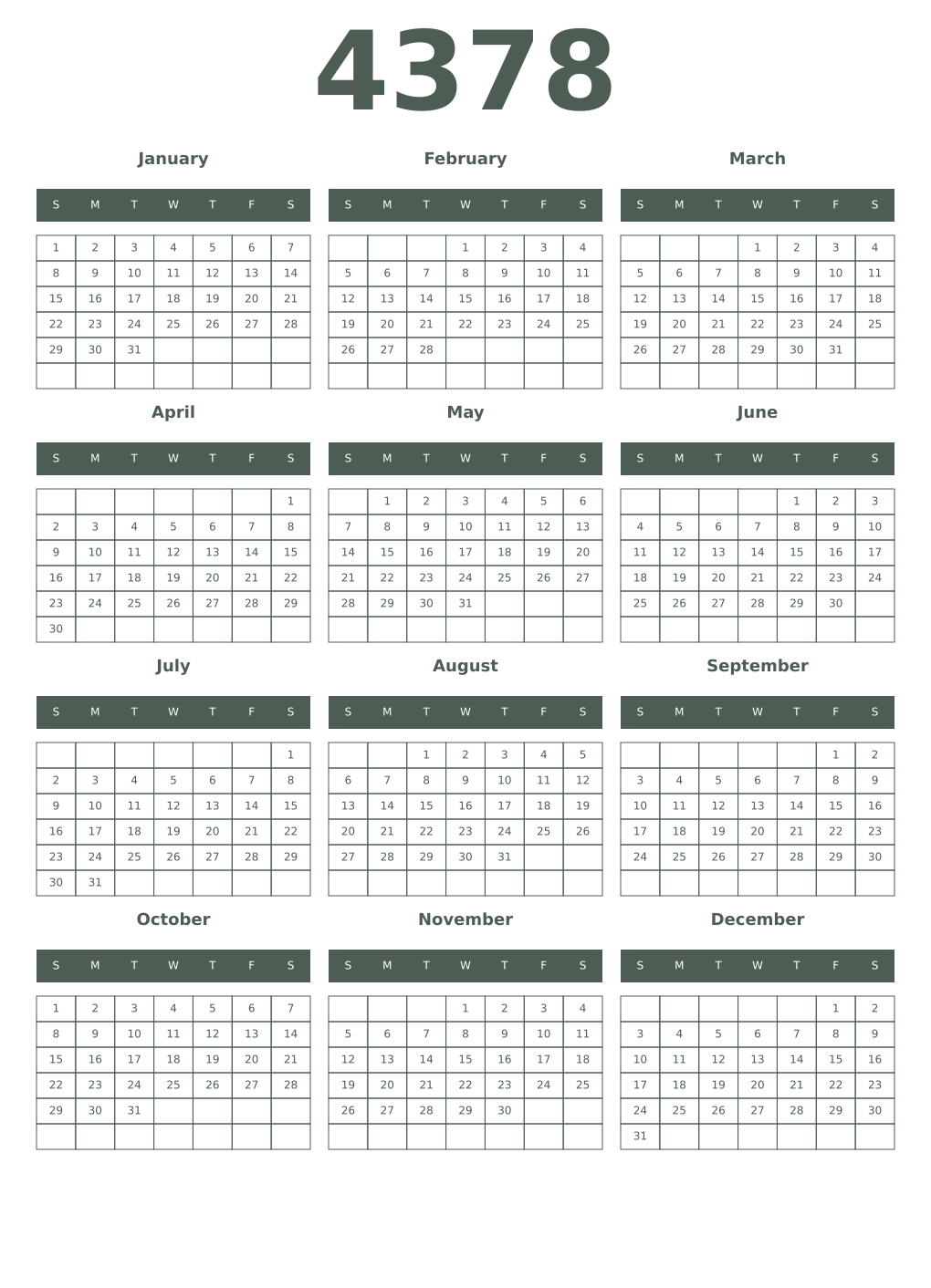 Printable 4378 Year Calendars feldgrau
