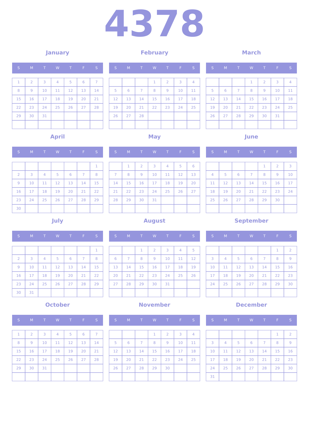 Printable 4378 Year Calendars periwinkle