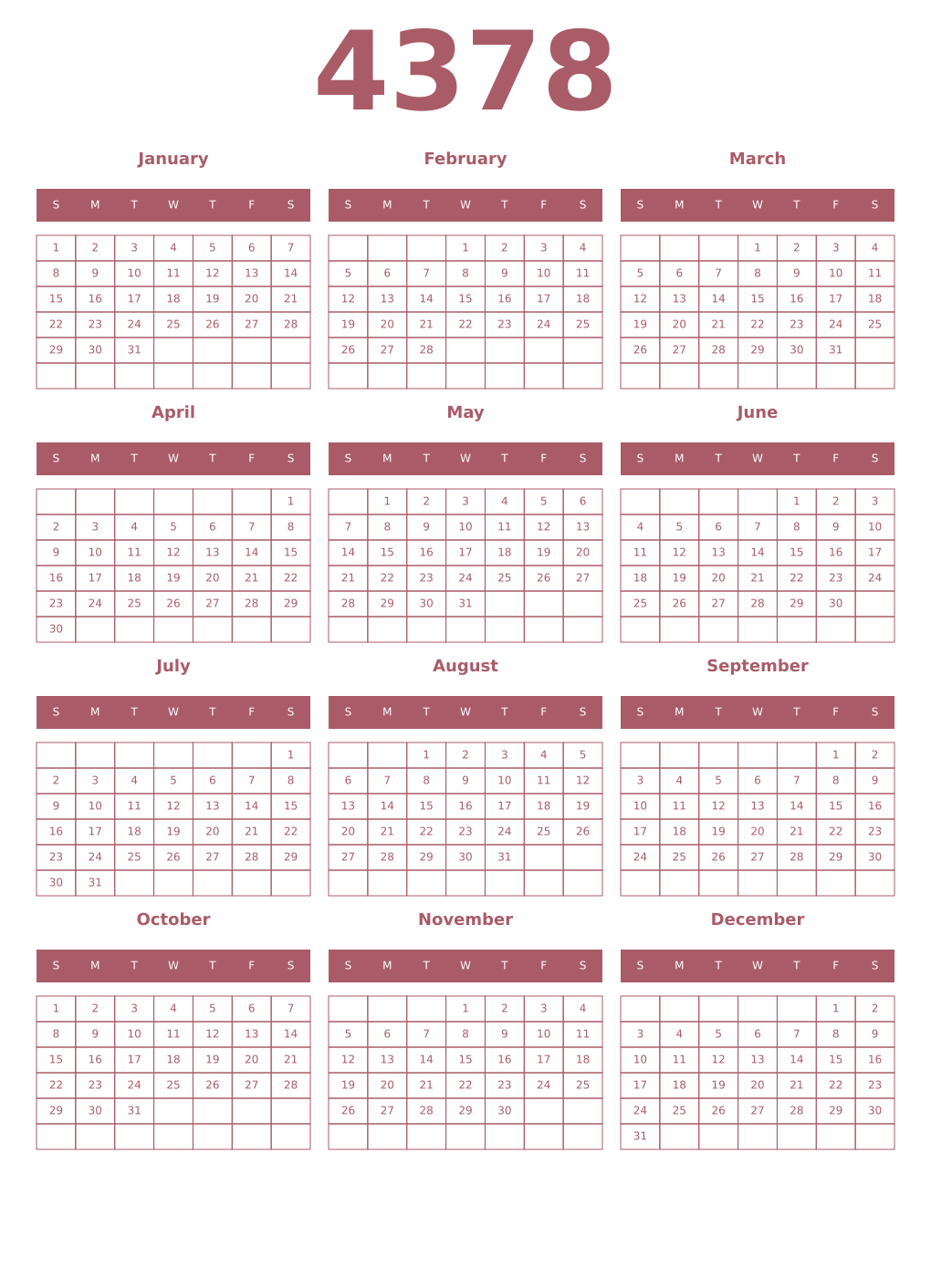 Printable 4378 Year Calendars puce