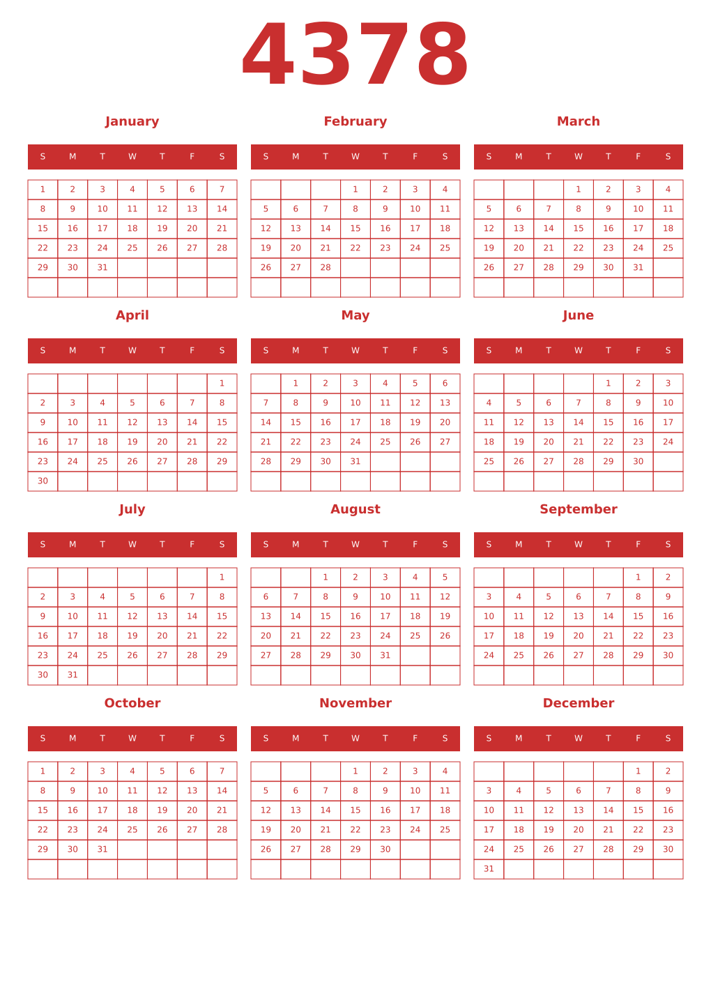 Printable 4378 Year Calendars red