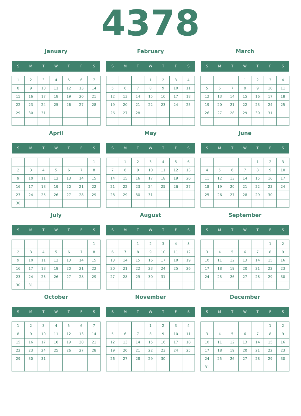 Printable 4378 Year Calendars viridian