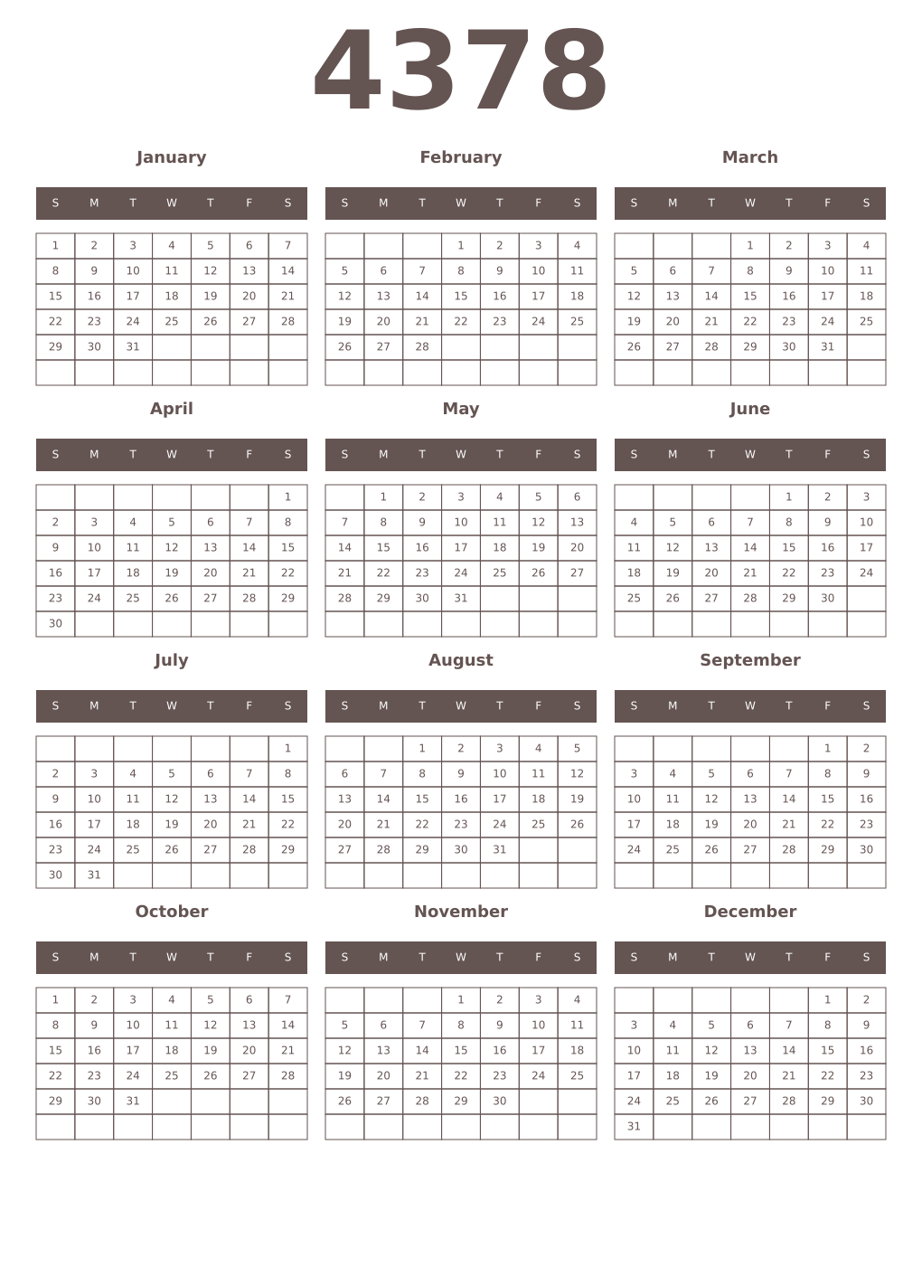 Printable 4378 Year Calendars wenge