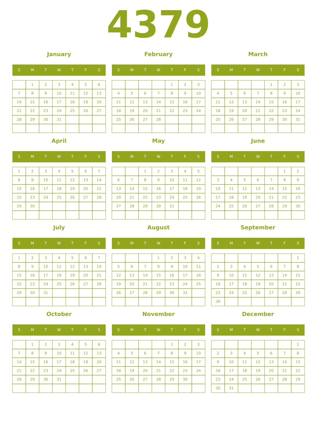 Printable 4379 Year Calendars chartreuse