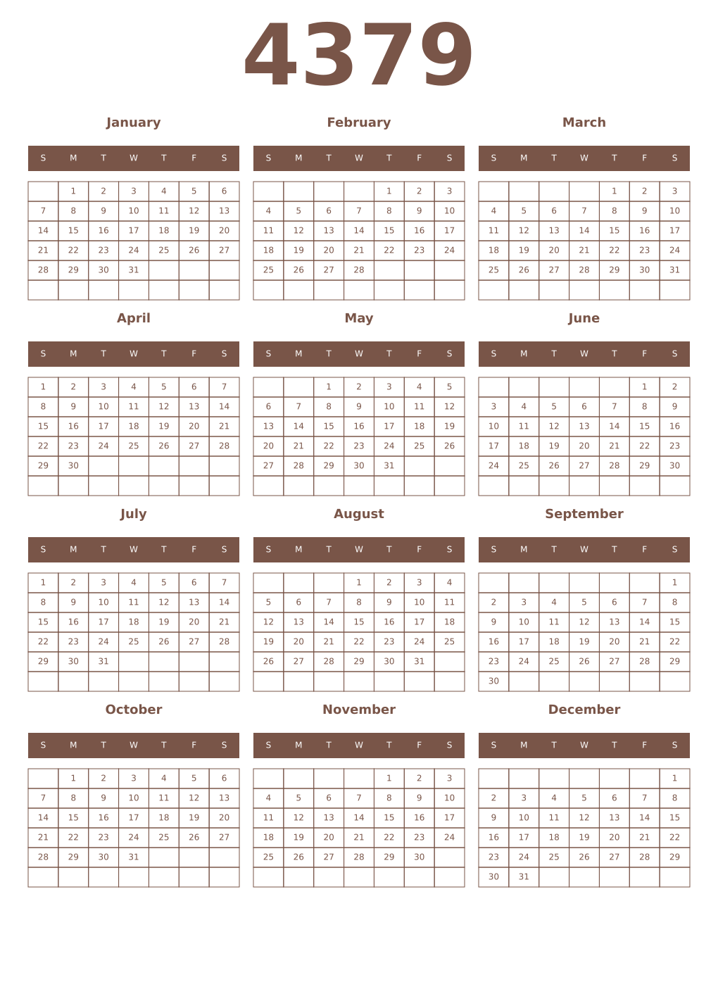 Printable 4379 Year Calendars coffe