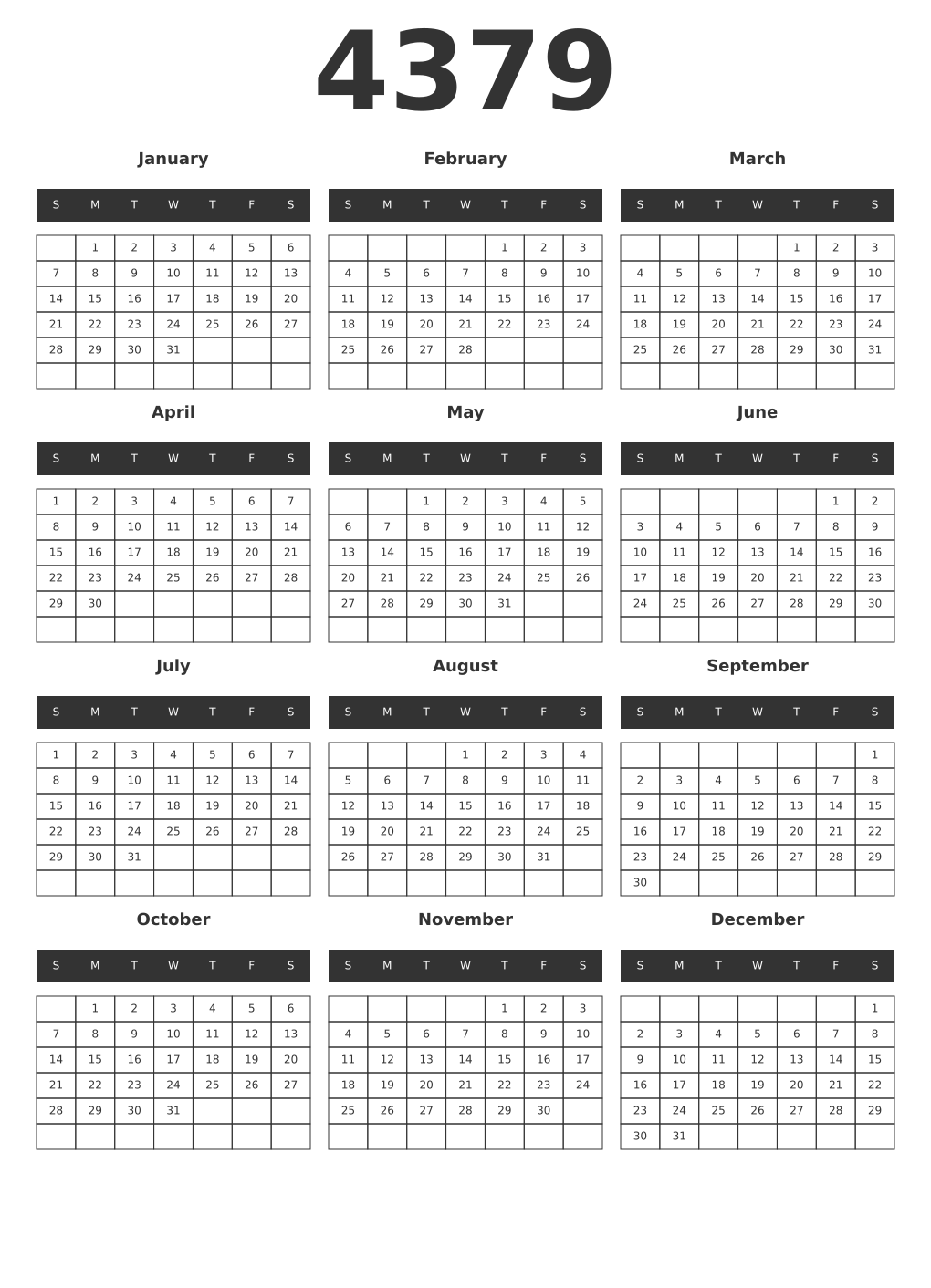Printable 4379 Year Calendars dark