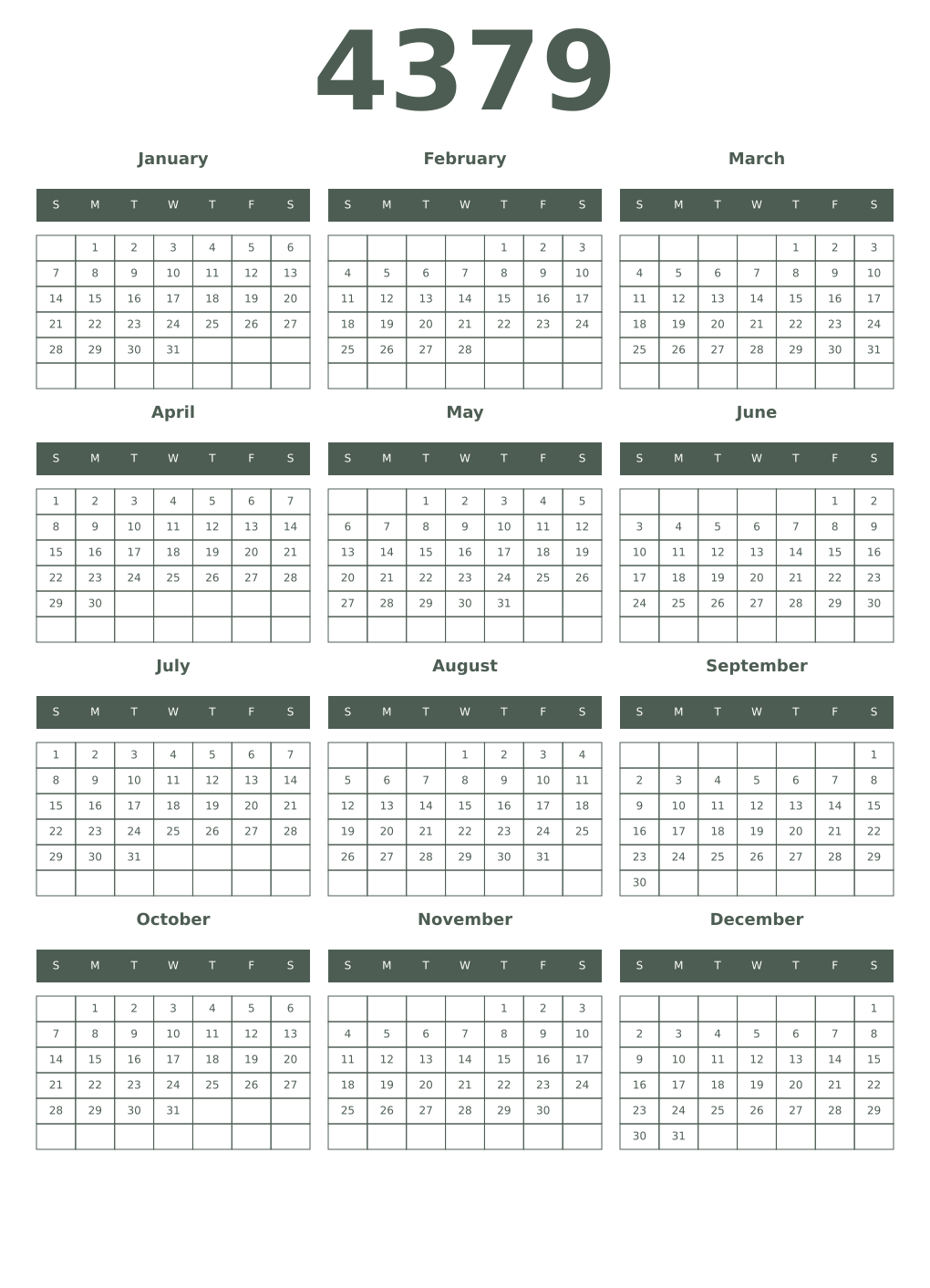 Printable 4379 Year Calendars feldgrau