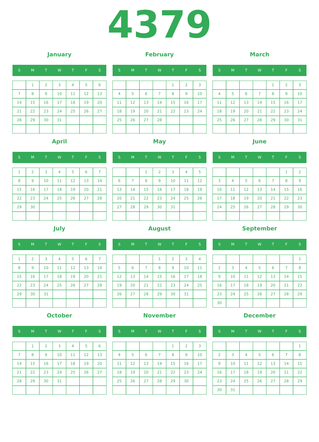 Printable 4379 Year Calendars green