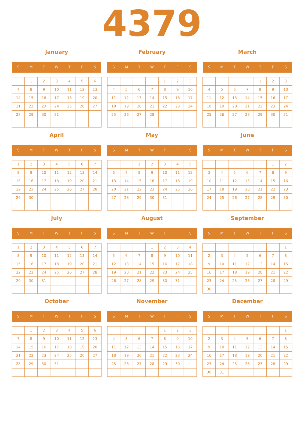 Printable 4379 Year Calendars orange