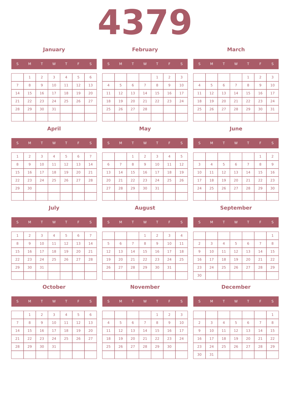 Printable 4379 Year Calendars puce