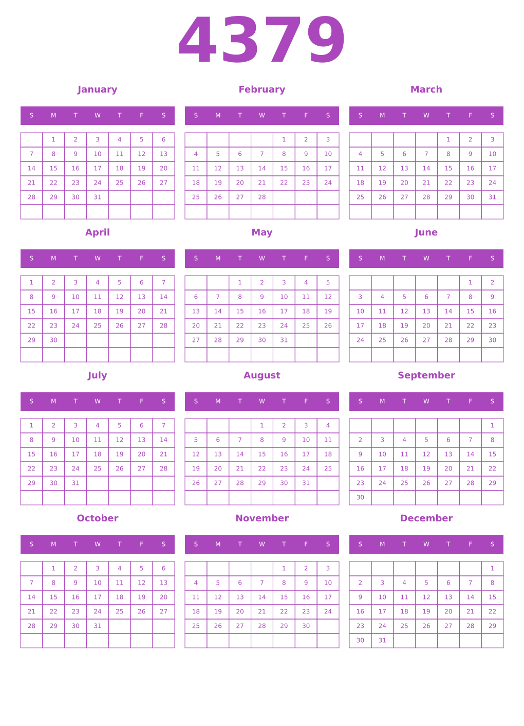 Printable 4379 Year Calendars purple