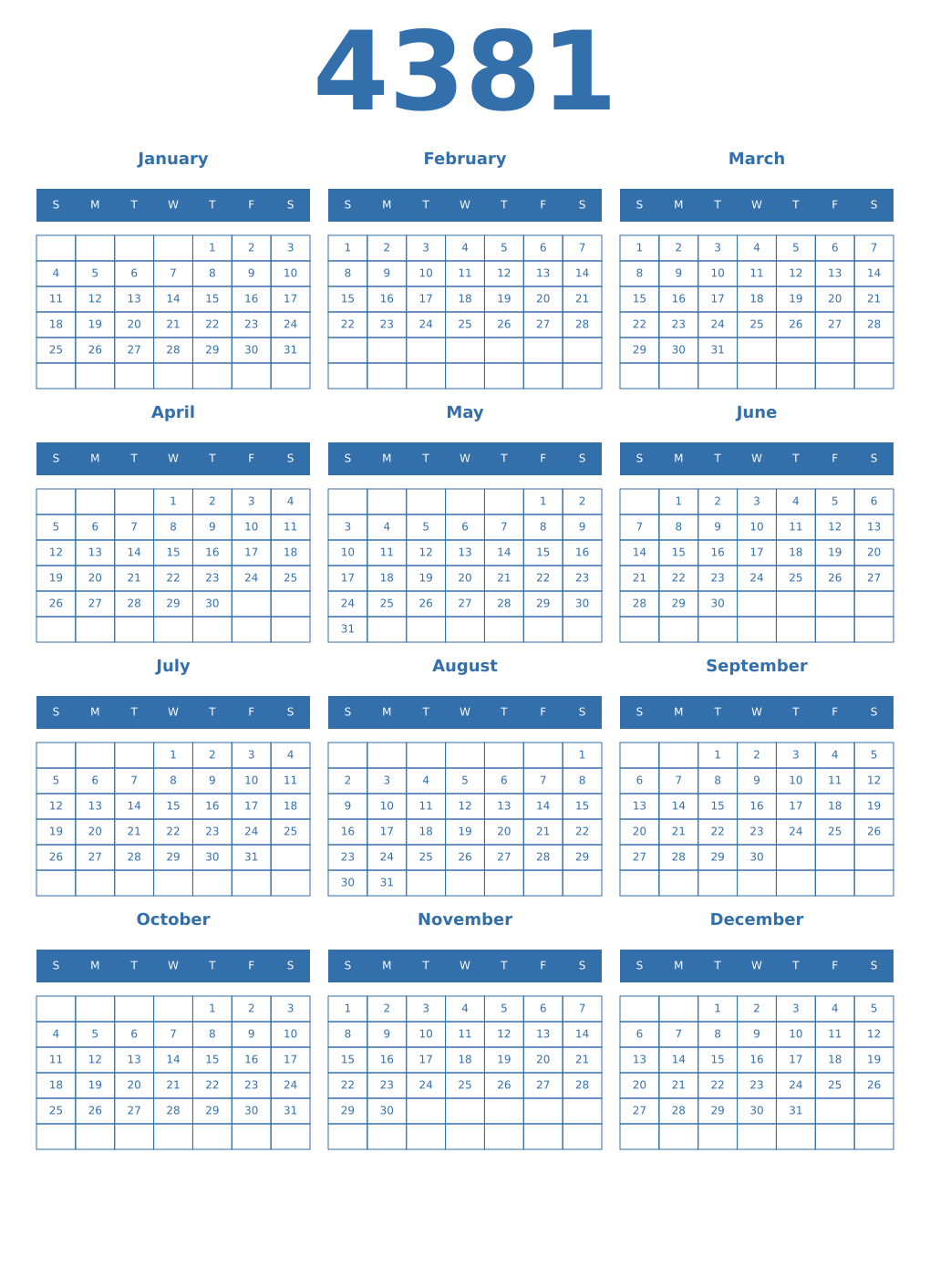 Printable 4381 Year Calendars blue