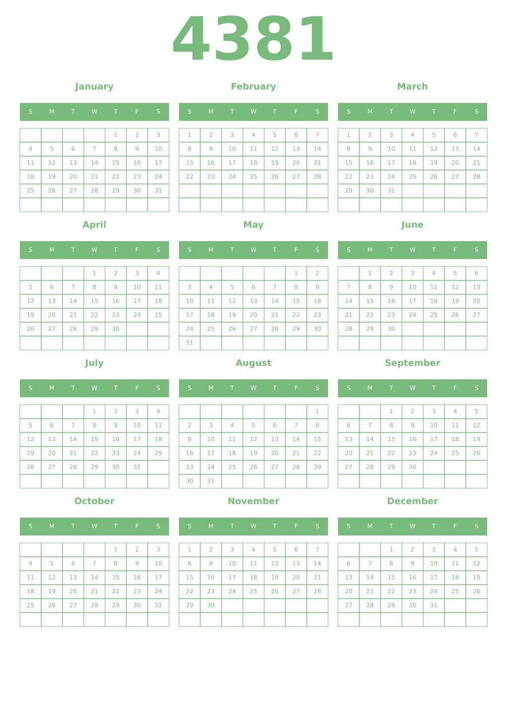 Printable 4381 Year Calendars celadon