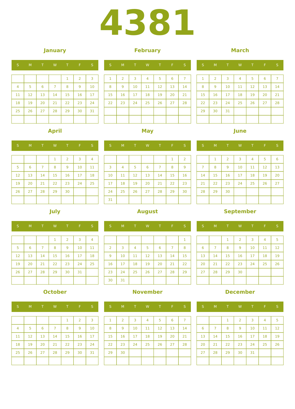 Printable 4381 Year Calendars chartreuse