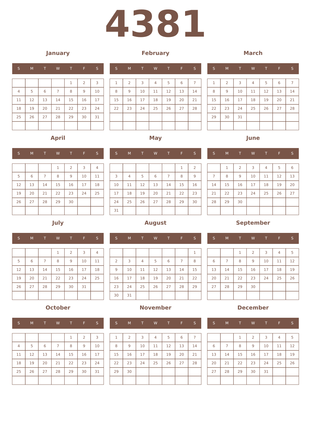 Printable 4381 Year Calendars coffe