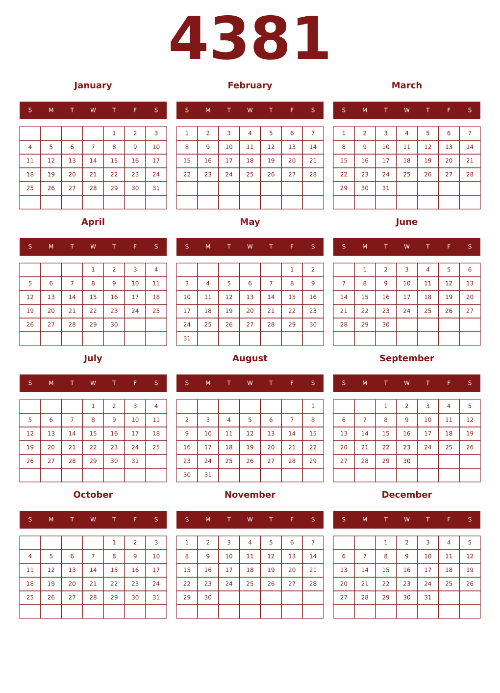 Printable 4381 Year Calendars falu