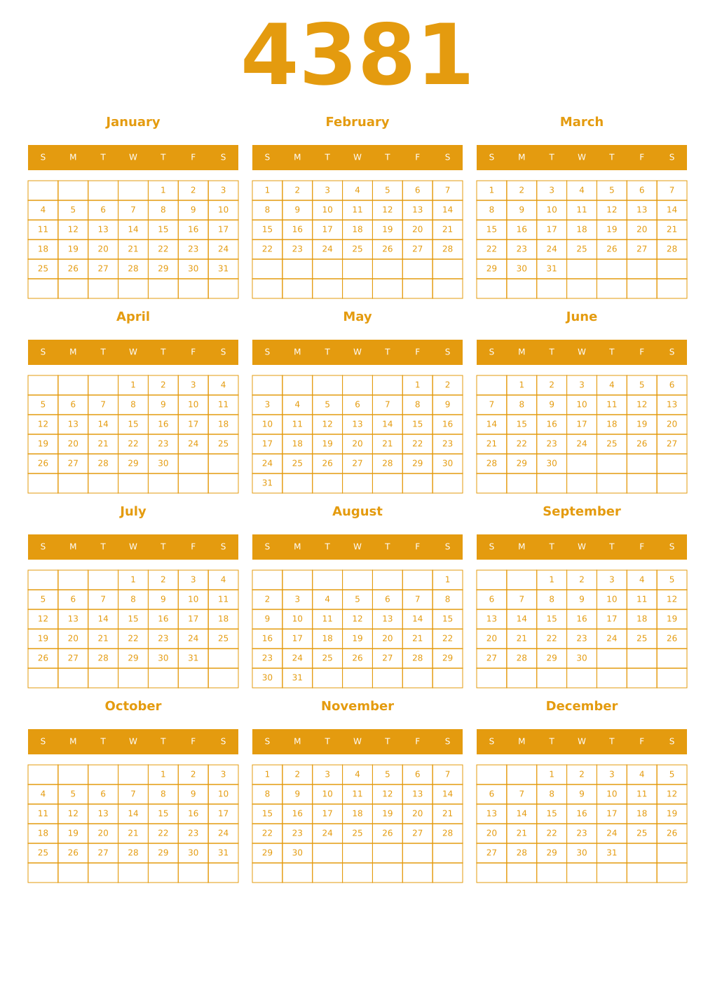 Printable 4381 Year Calendars gamboge