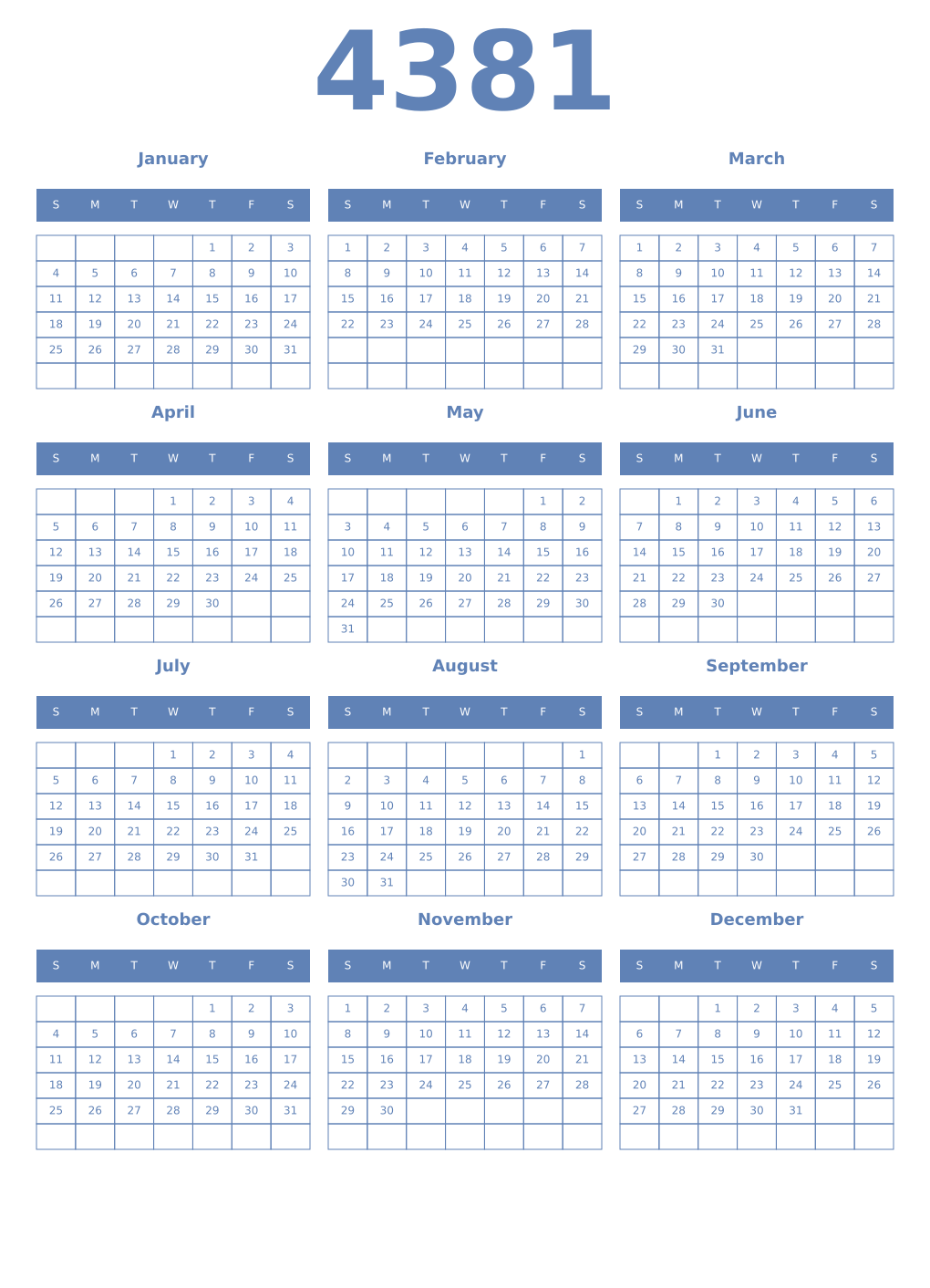 Printable 4381 Year Calendars glaucous