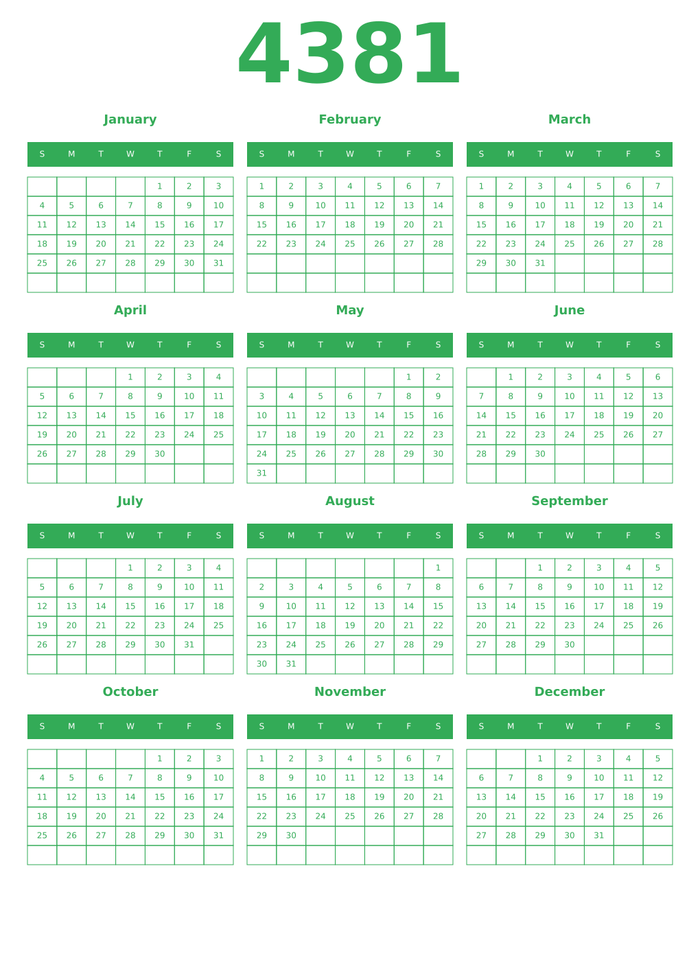 Printable 4381 Year Calendars green