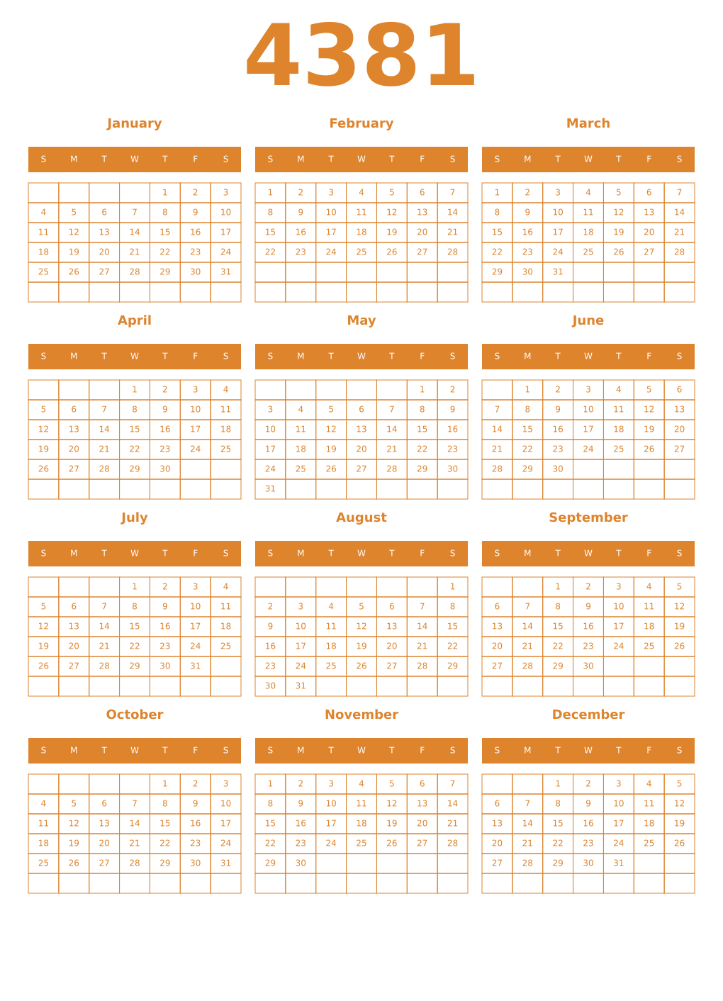 Printable 4381 Year Calendars orange