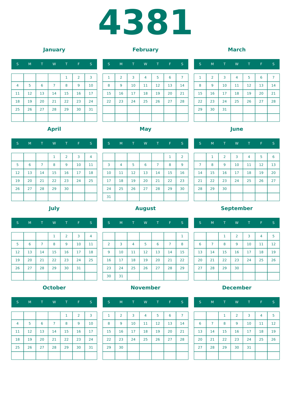 Printable 4381 Year Calendars pastel