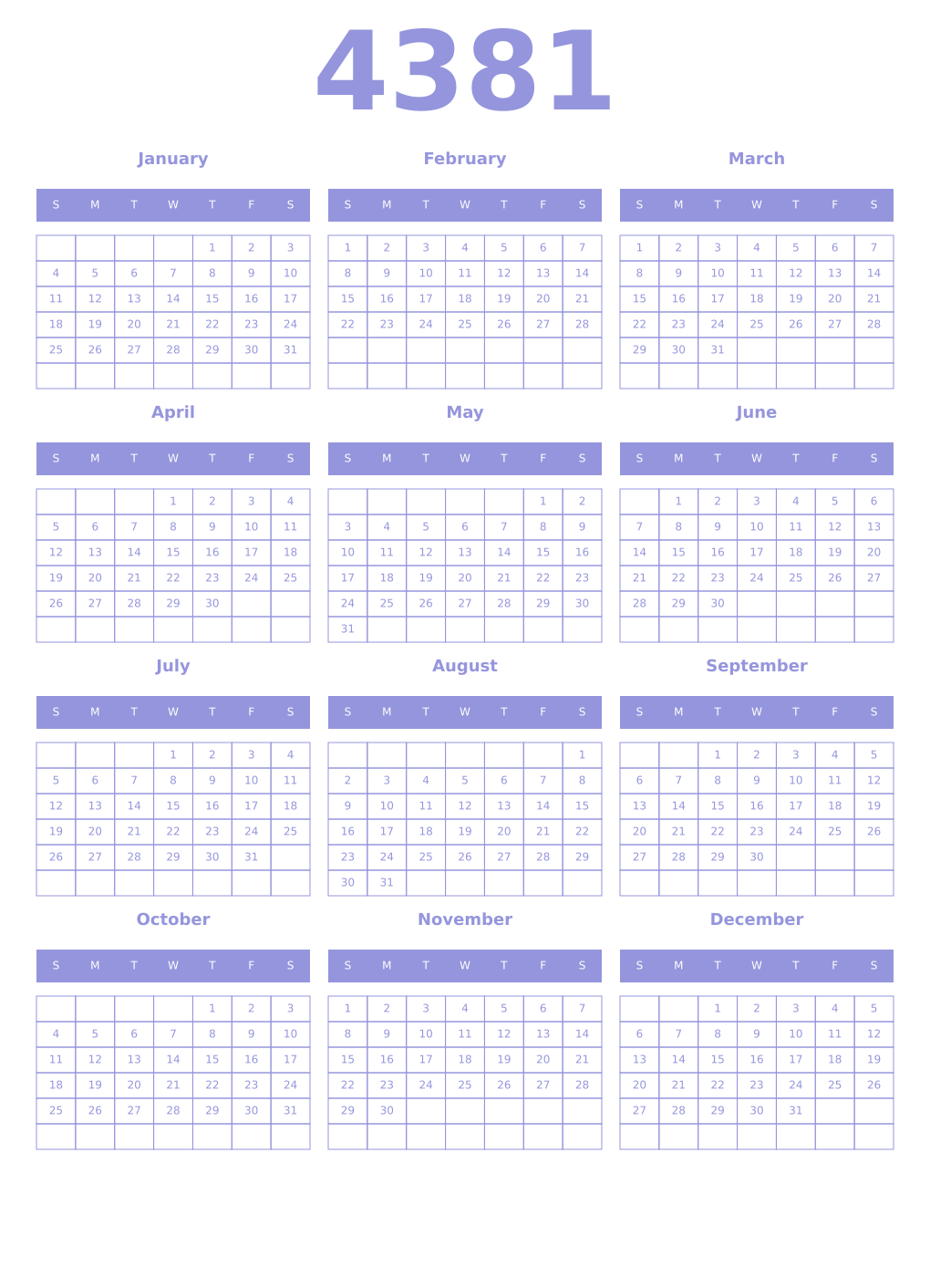Printable 4381 Year Calendars periwinkle
