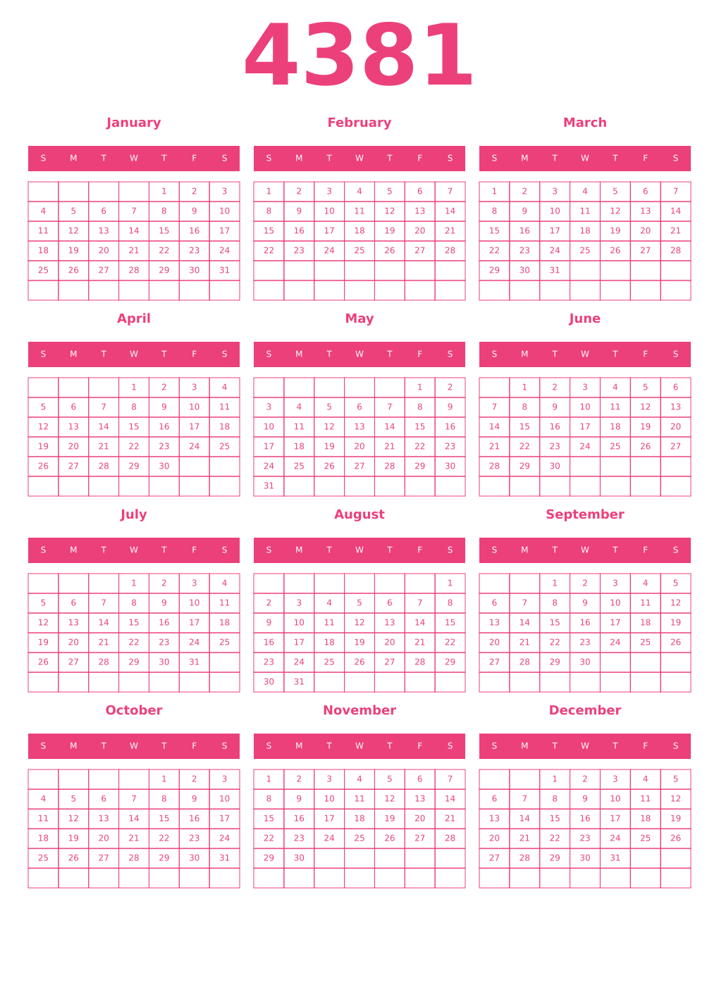 Printable 4381 Year Calendars pink