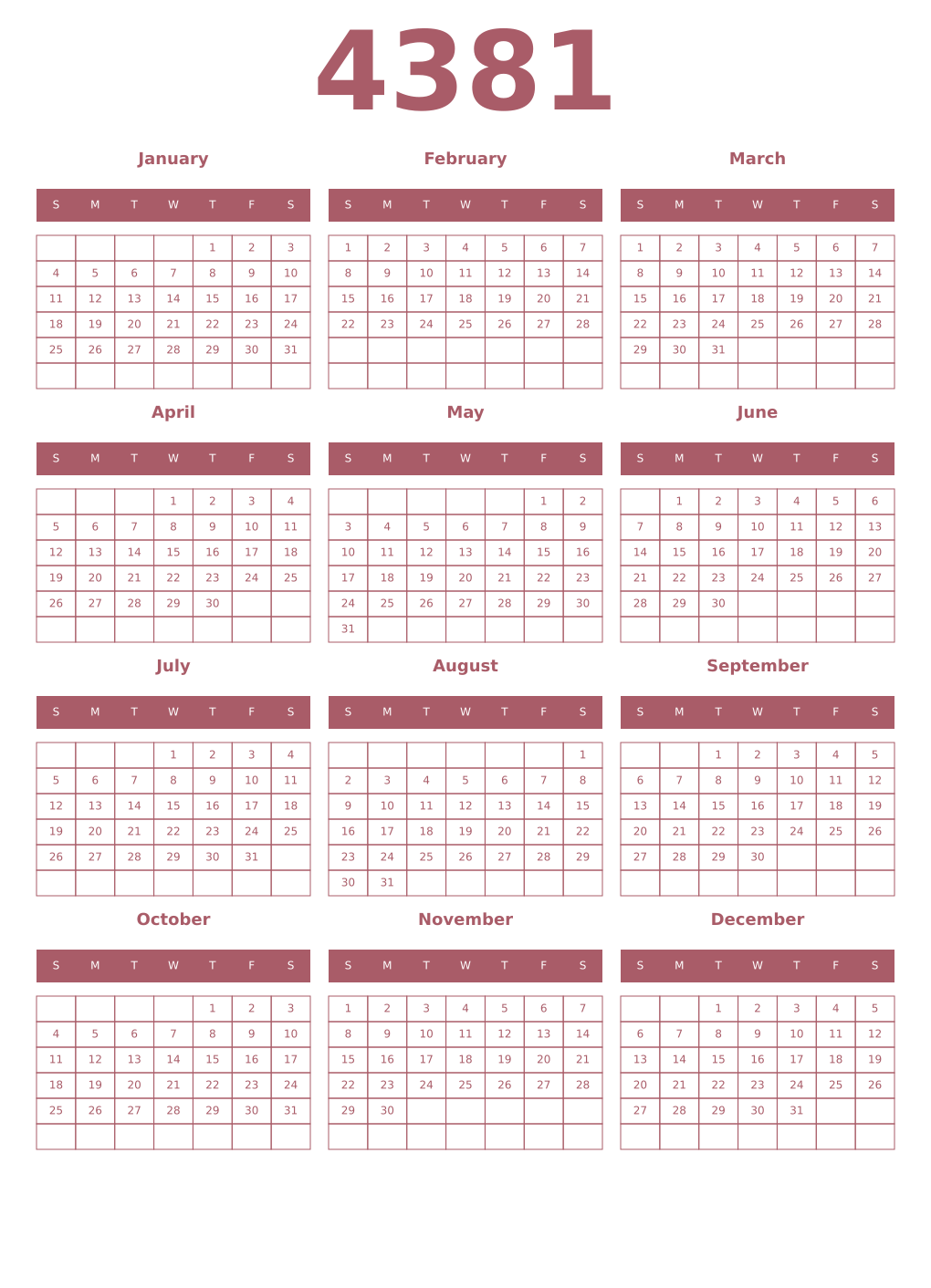 Printable 4381 Year Calendars puce