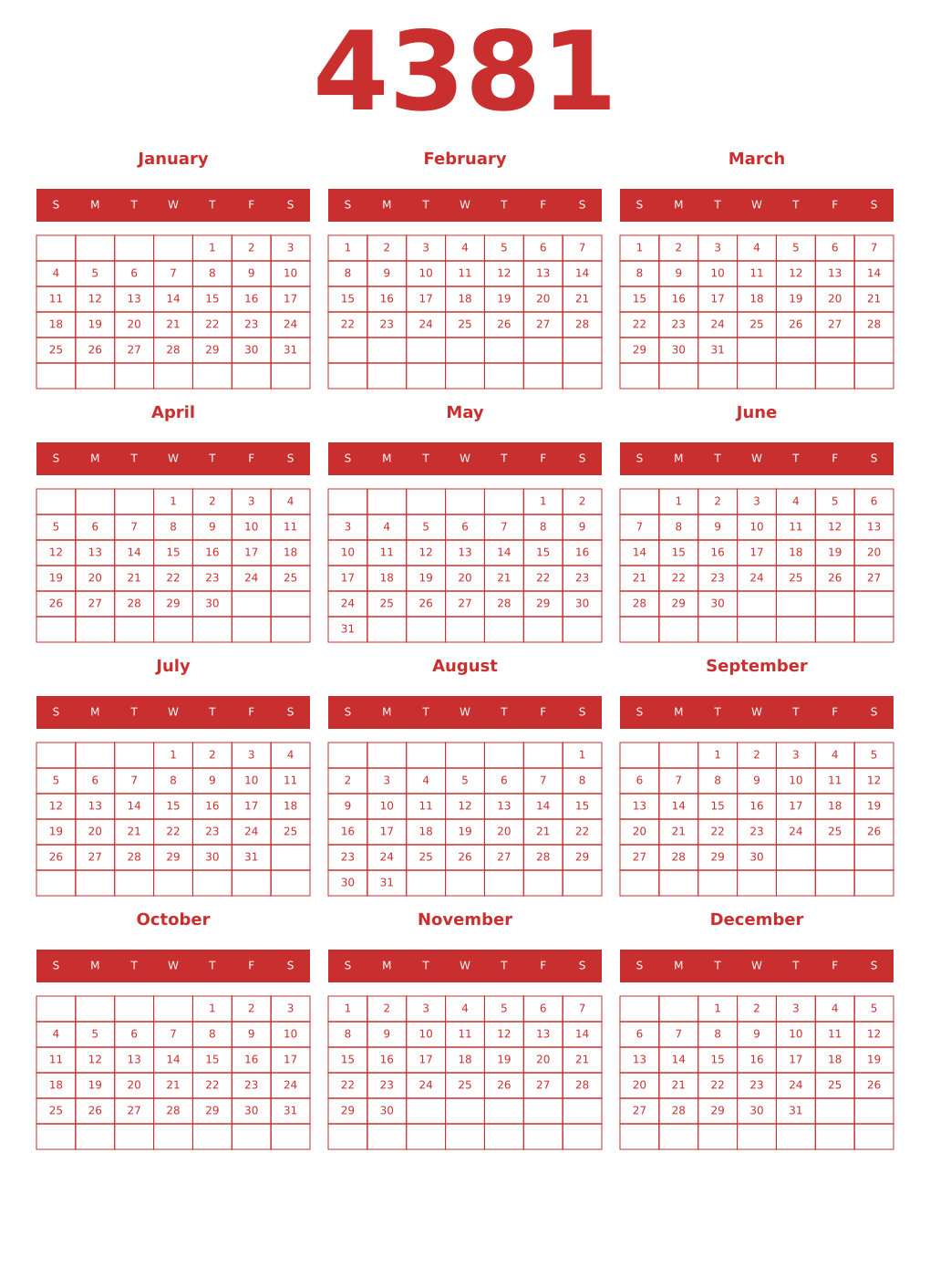 Printable 4381 Year Calendars red