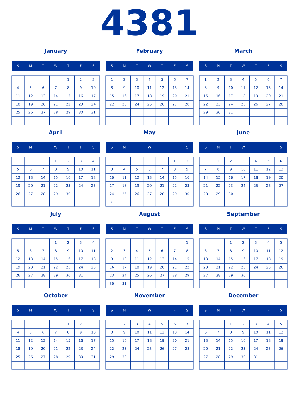 Printable 4381 Year Calendars smalt