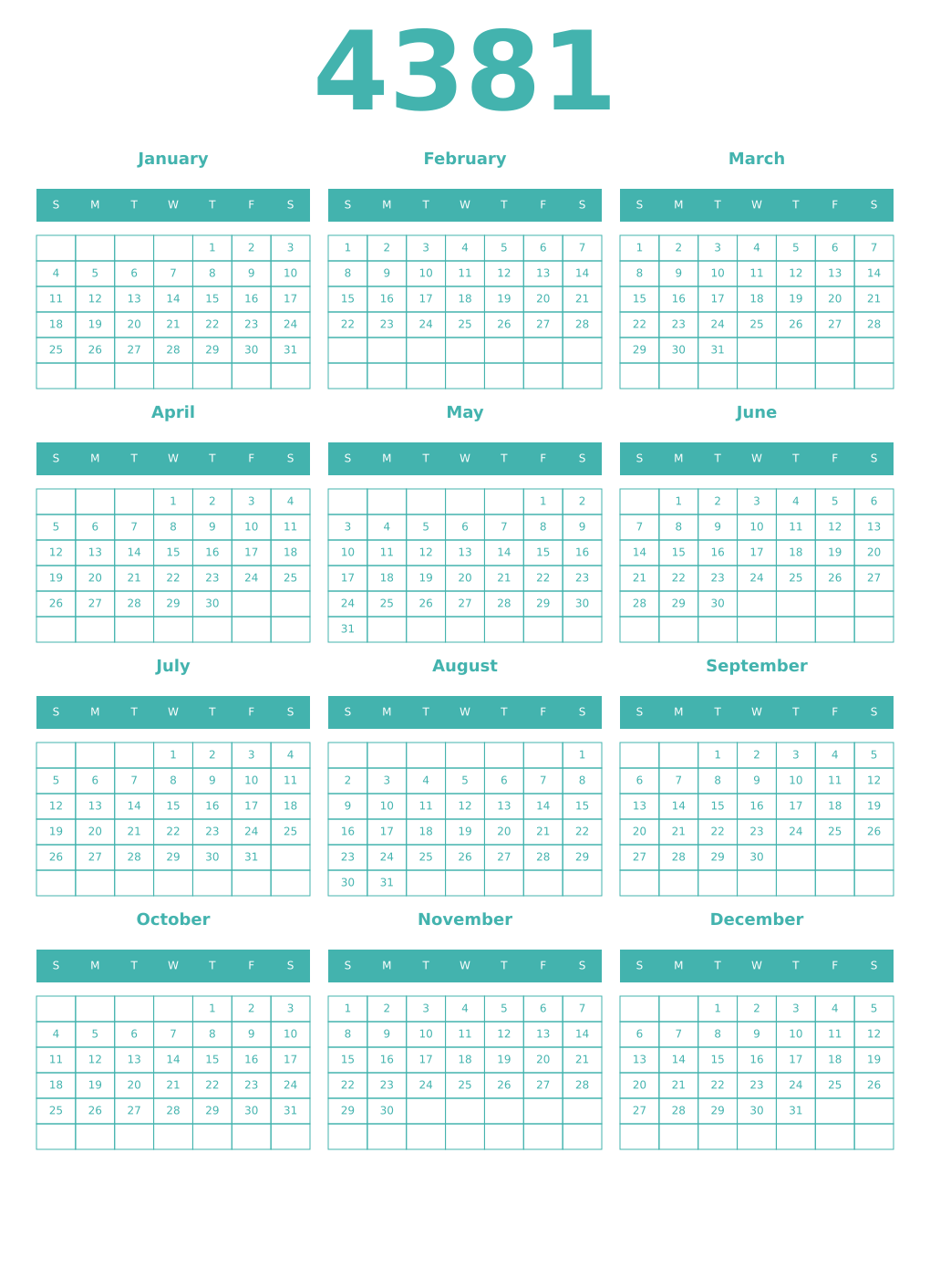 Printable 4381 Year Calendars verdigris
