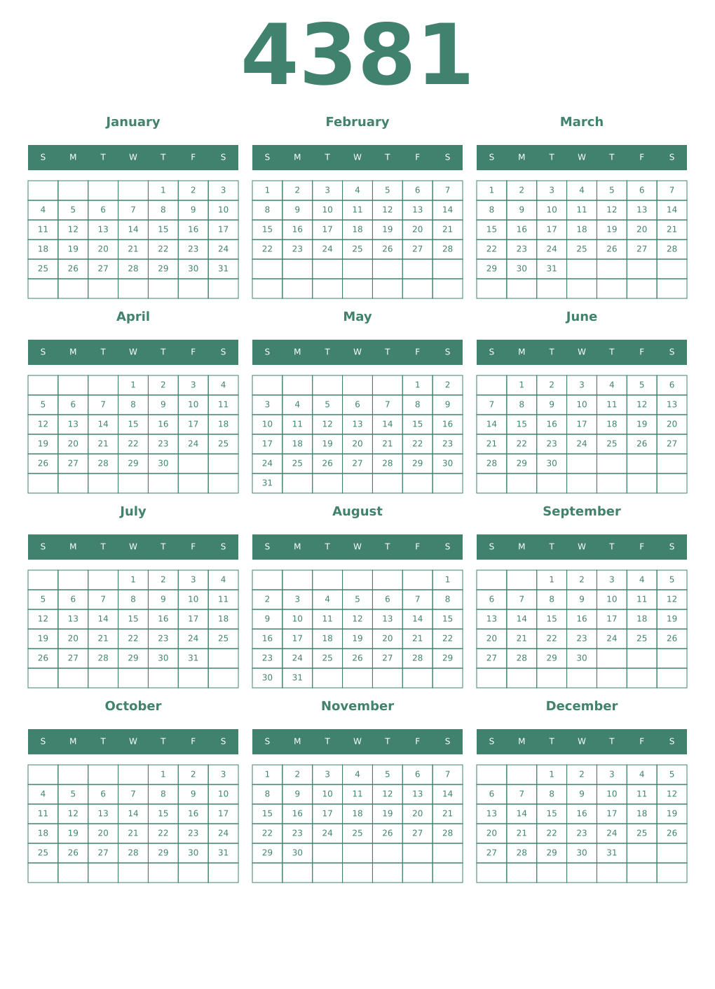 Printable 4381 Year Calendars viridian