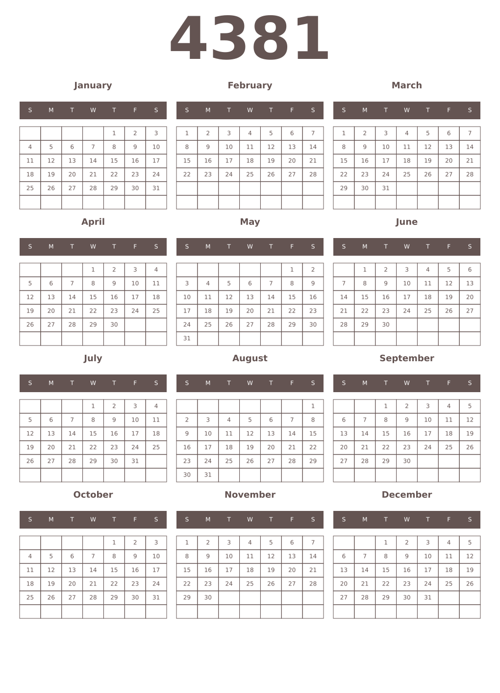 Printable 4381 Year Calendars wenge