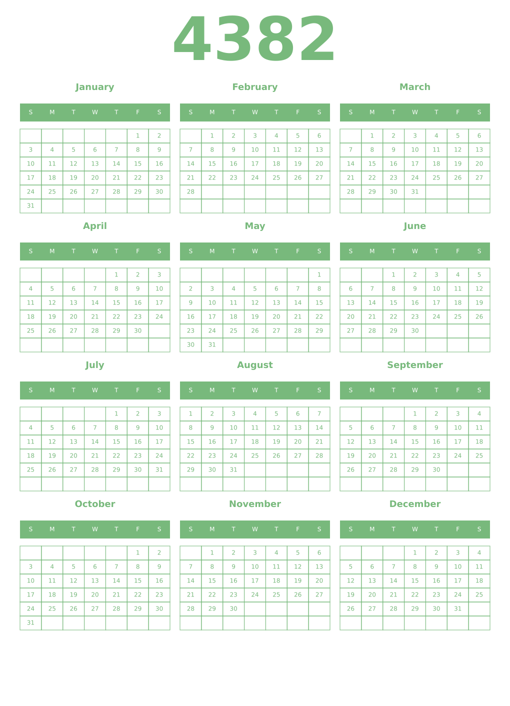 Printable 4382 Year Calendars celadon