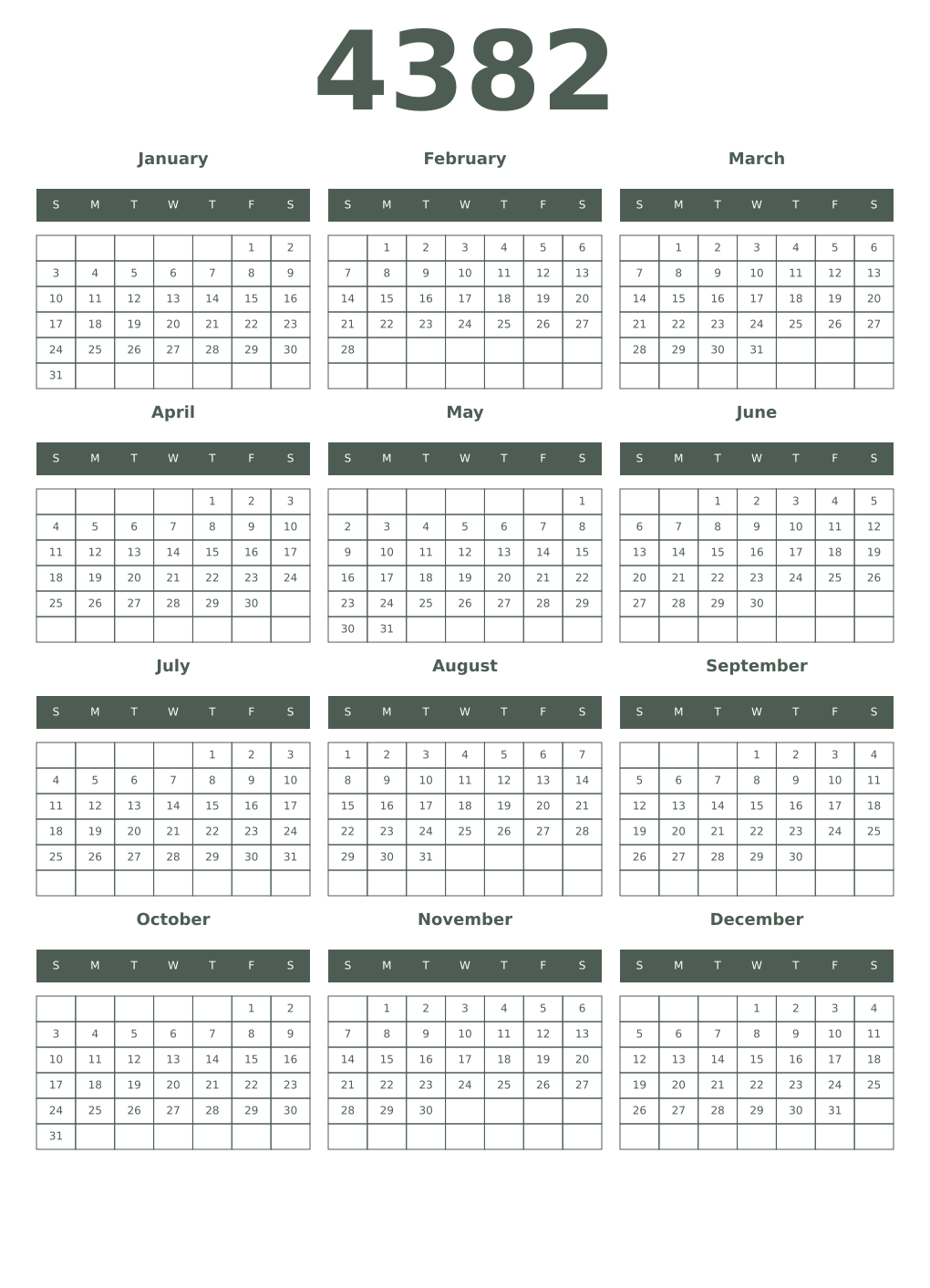 Printable 4382 Year Calendars feldgrau