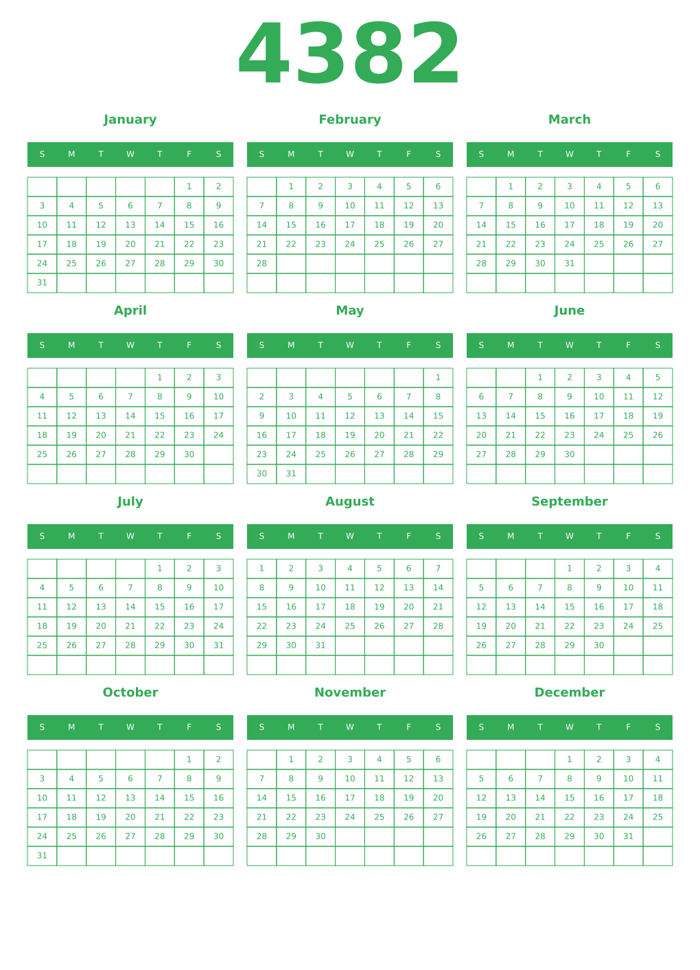 Printable 4382 Year Calendars green
