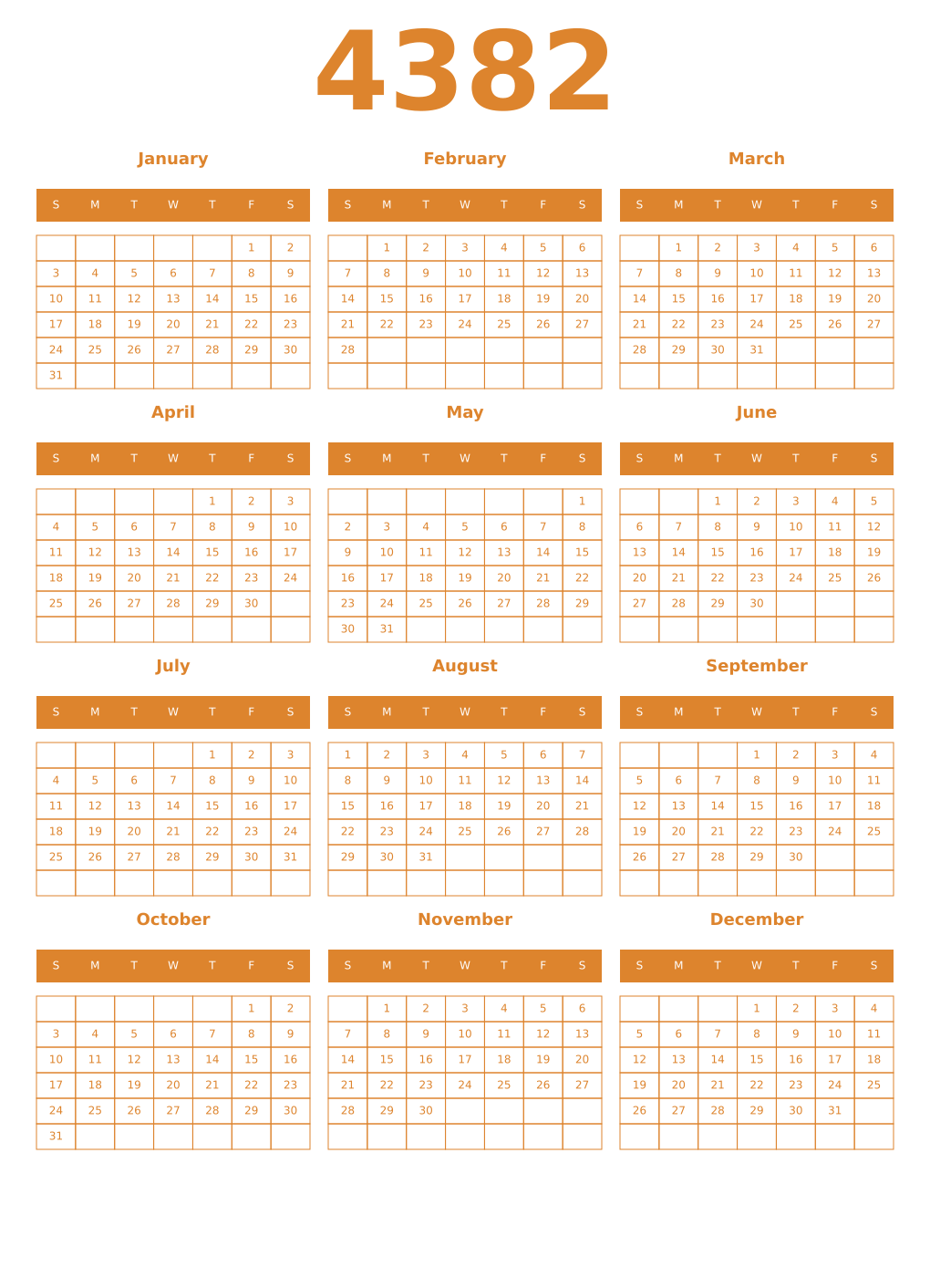 Printable 4382 Year Calendars orange
