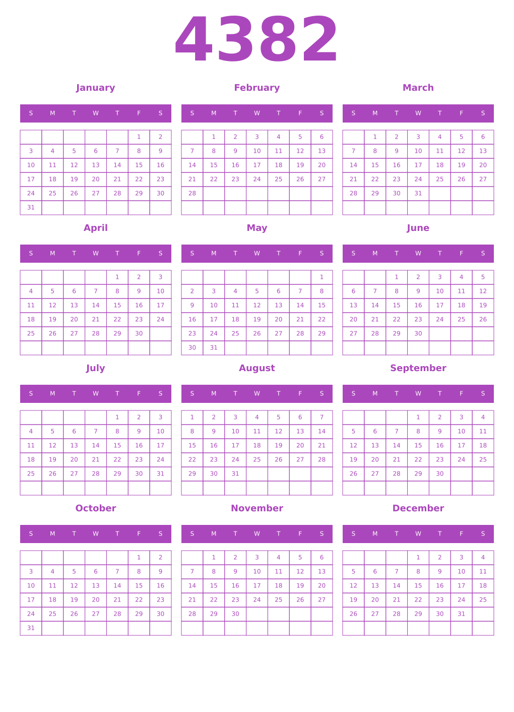 Printable 4382 Year Calendars purple