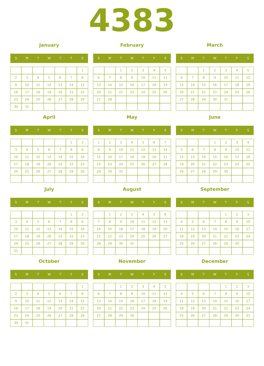 Printable 4383 Year Calendars chartreuse