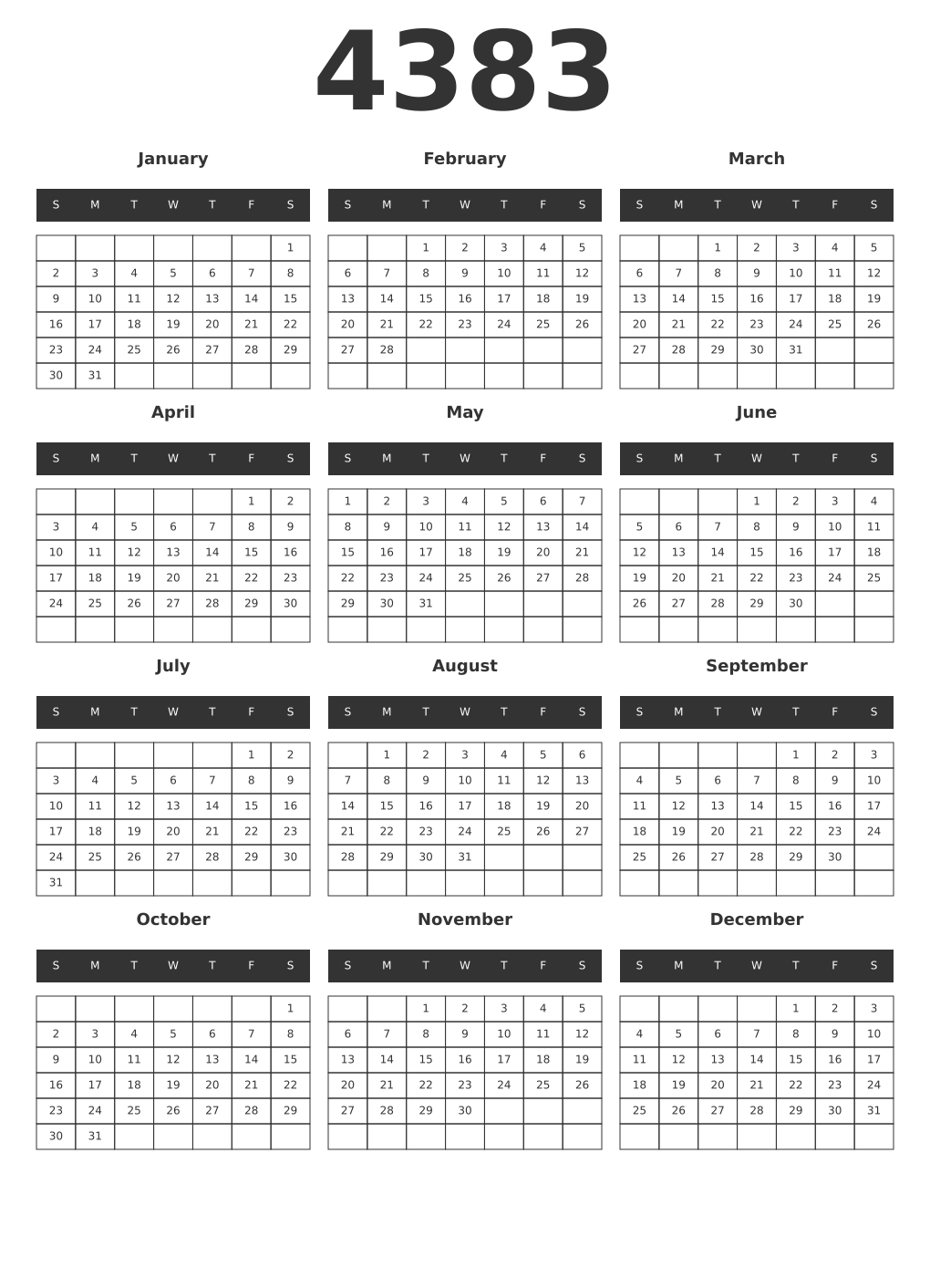 Printable 4383 Year Calendars dark