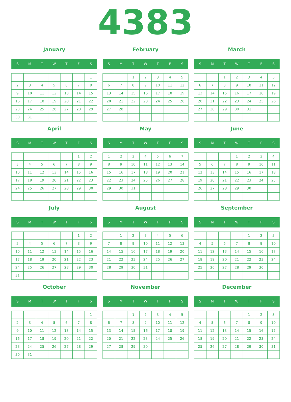 Printable 4383 Year Calendars green