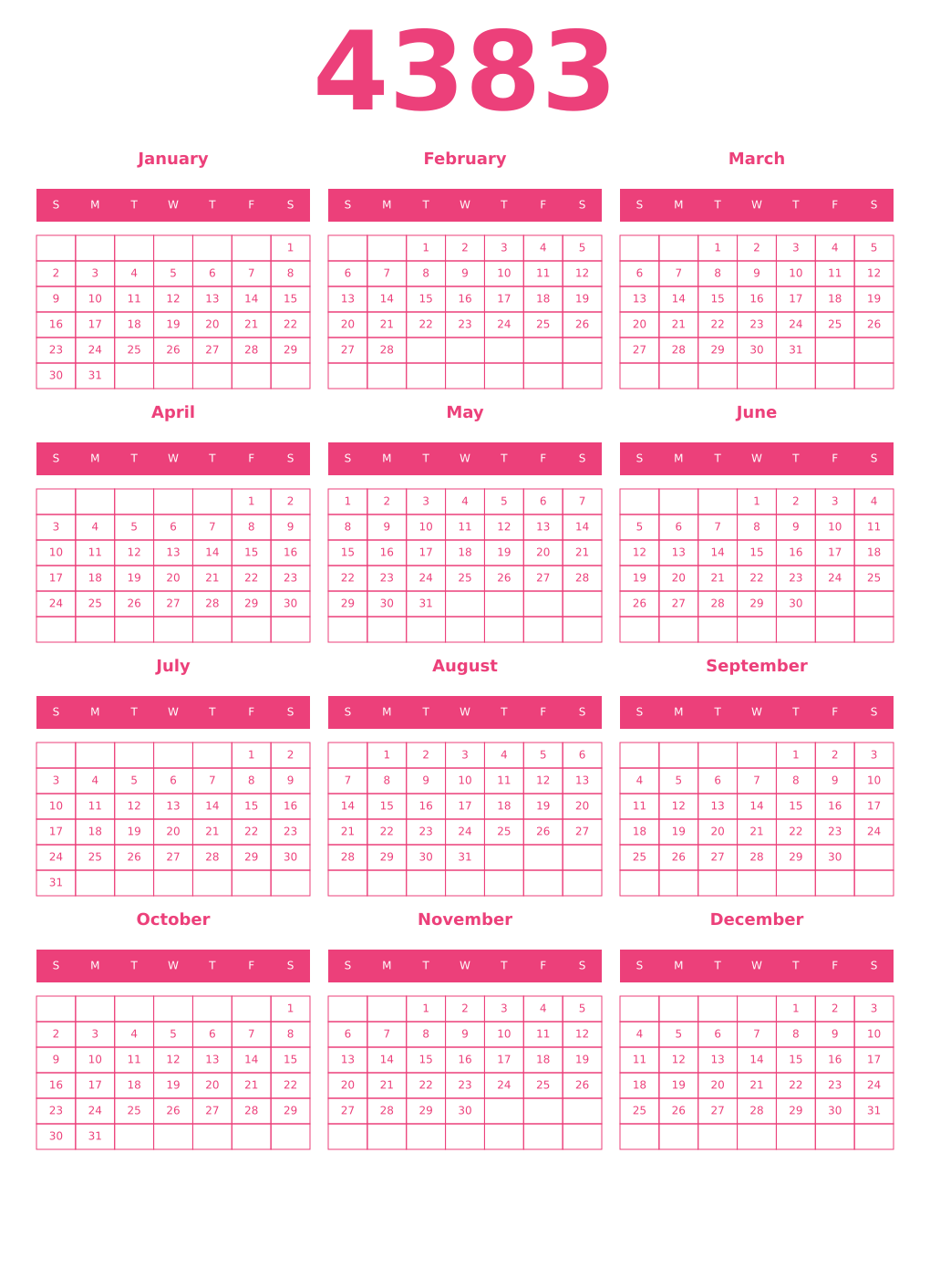 Printable 4383 Year Calendars pink