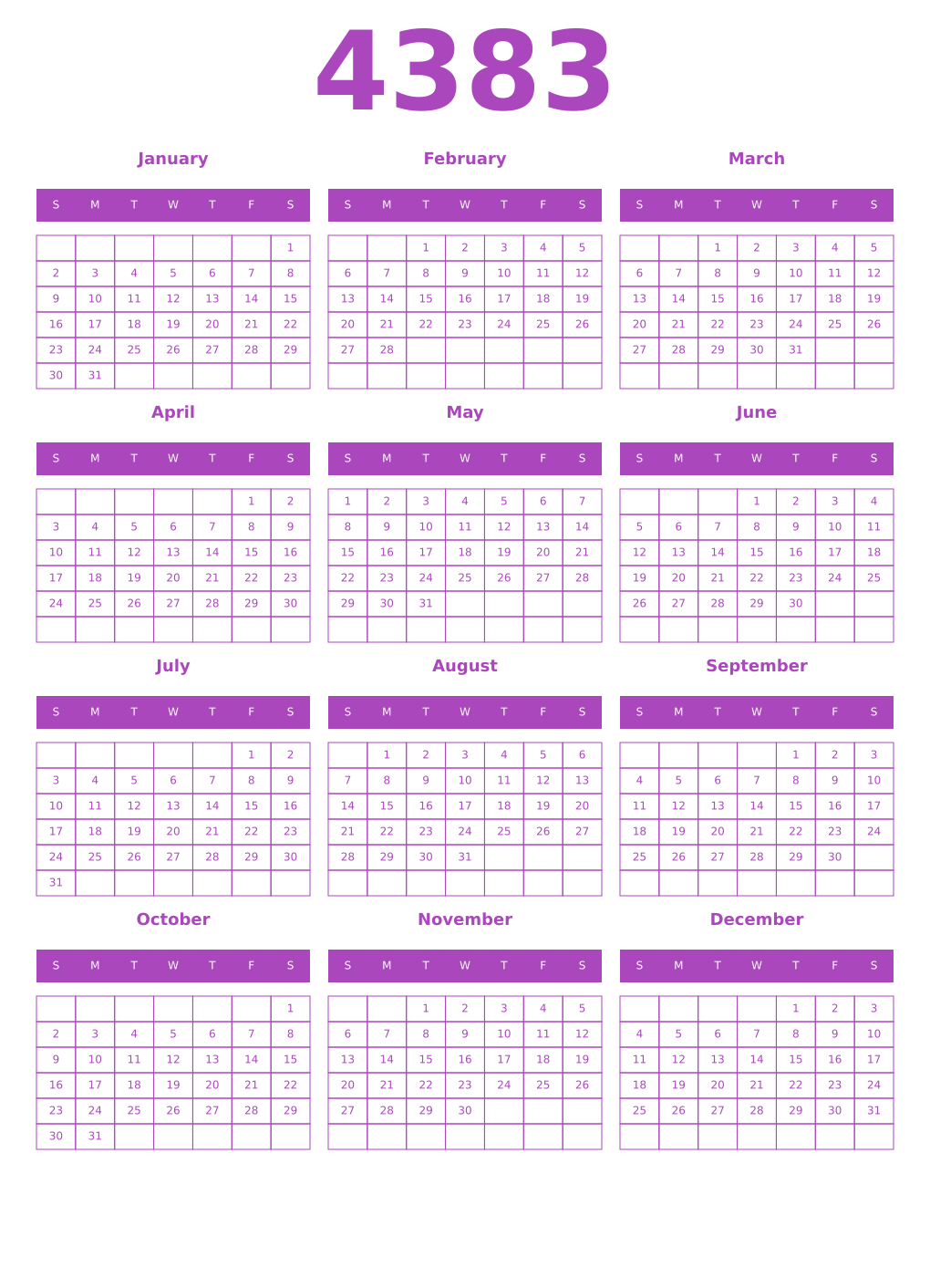 Printable 4383 Year Calendars purple