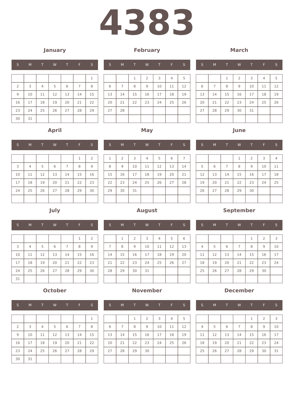Printable 4383 Year Calendars wenge
