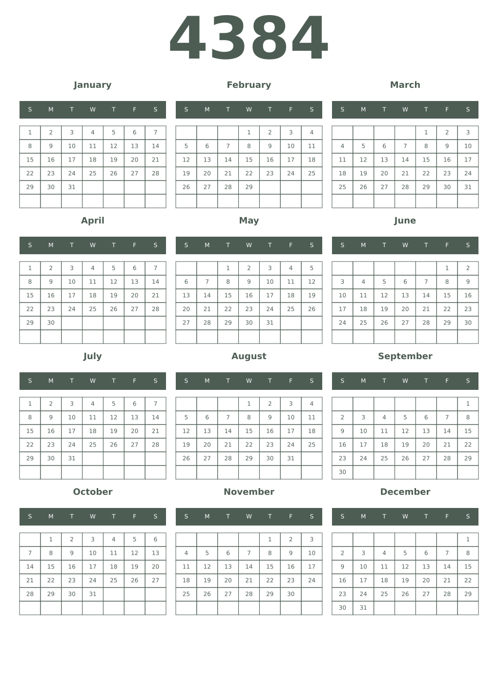 Printable 4384 Year Calendars feldgrau