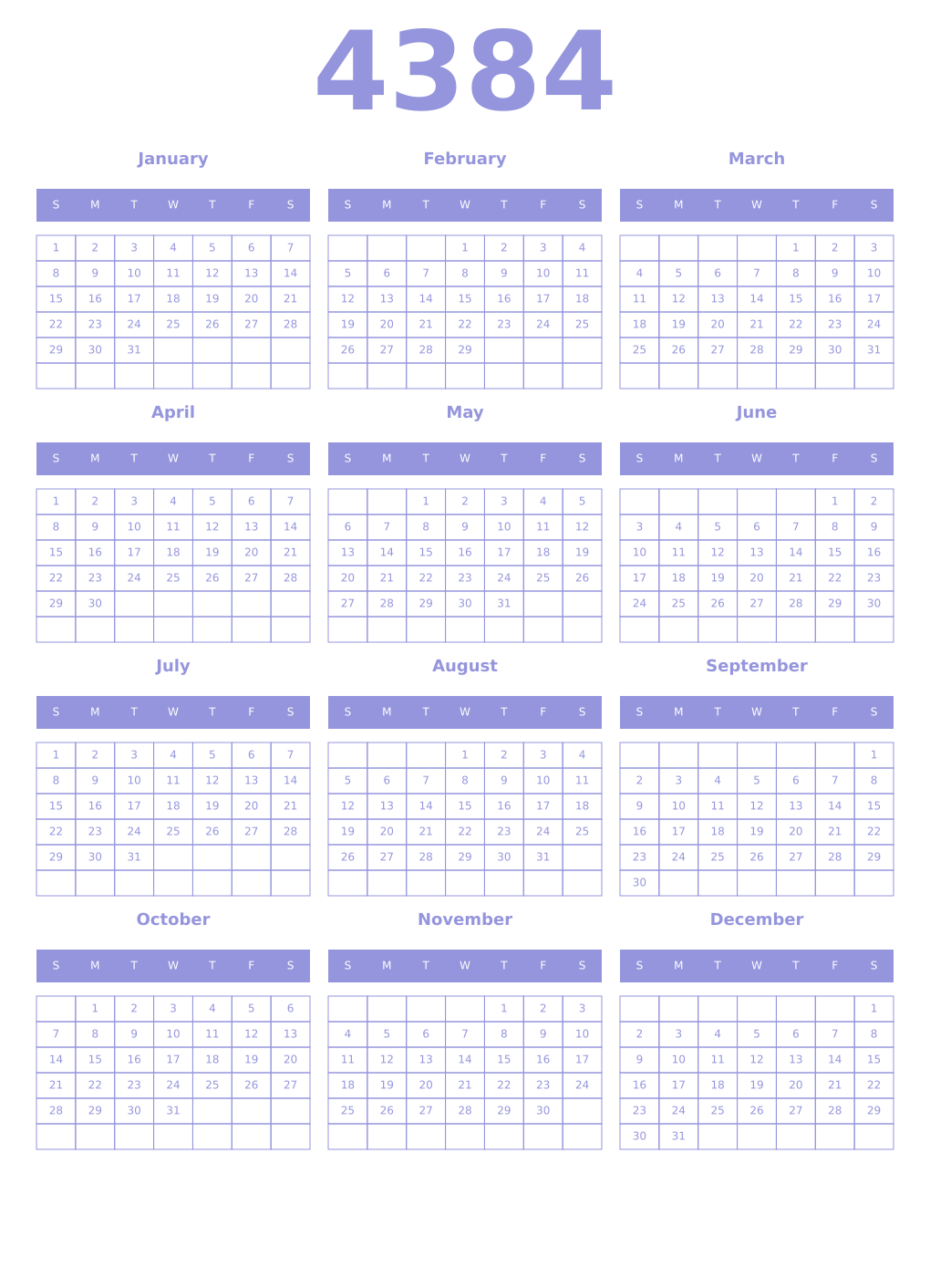 Printable 4384 Year Calendars periwinkle