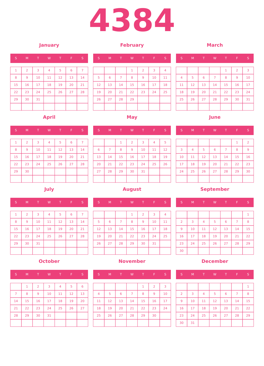 Printable 4384 Year Calendars pink